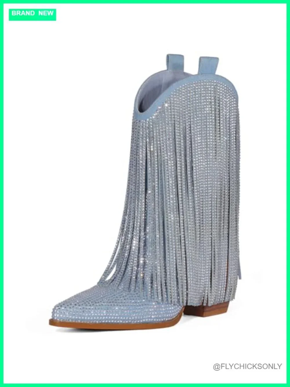 Cowgirl Rhinestone Fringe Chunky Heel Pointed Toe Mid Calf Boots Suede